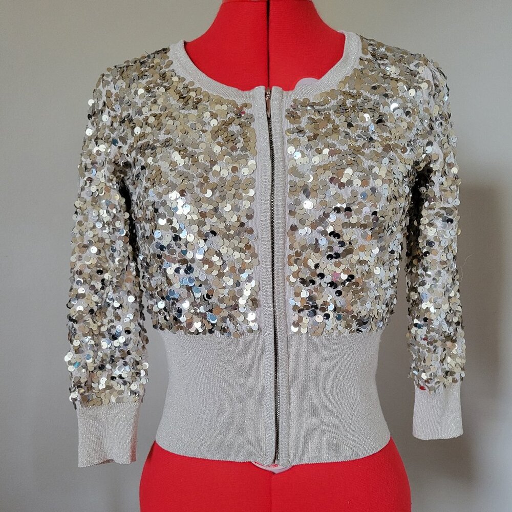 XS / Zipper Cardigan / White House Black Market / Color Off-white Gold / Sequins